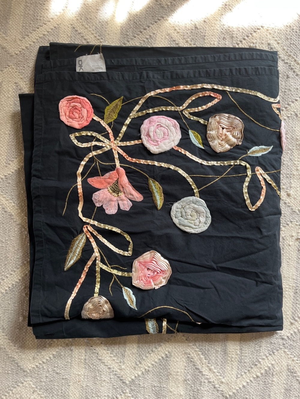 DKNY Black Shower Curtain with Pink Rose and Green Leaf Embroidery